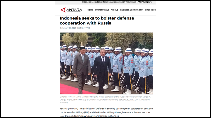 "Индонезия стремится укреплять оборонное сотрудничество с Россией", гласит заголовок индонезийского издания//Скриншот страницы сайта antaranews.com