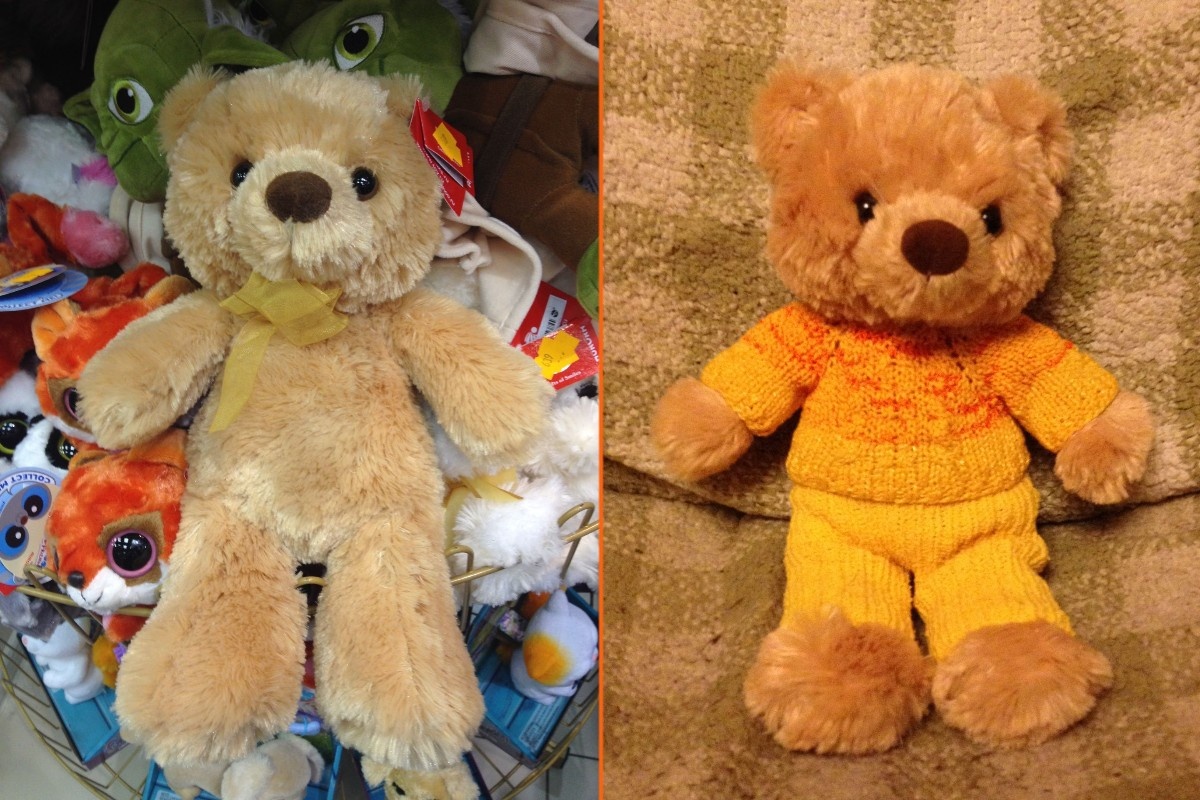 Фото слева сделано в магазине, при выборе мишки для внука. На фото справа он уже приобрёл первую одежду и выглядит домашним.