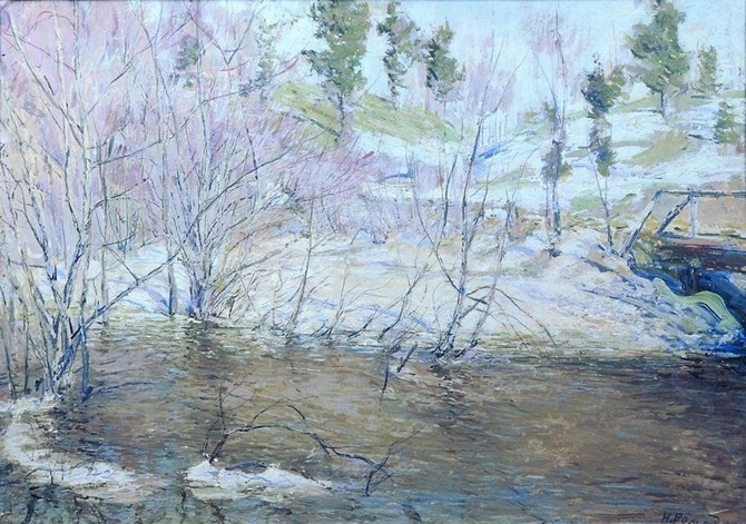 Николай Ромадин. Весенний ручей. 1953. Картон, масло. 51 x 72. Костромской государственный историко-архитектурный и художественный музей-заповедник