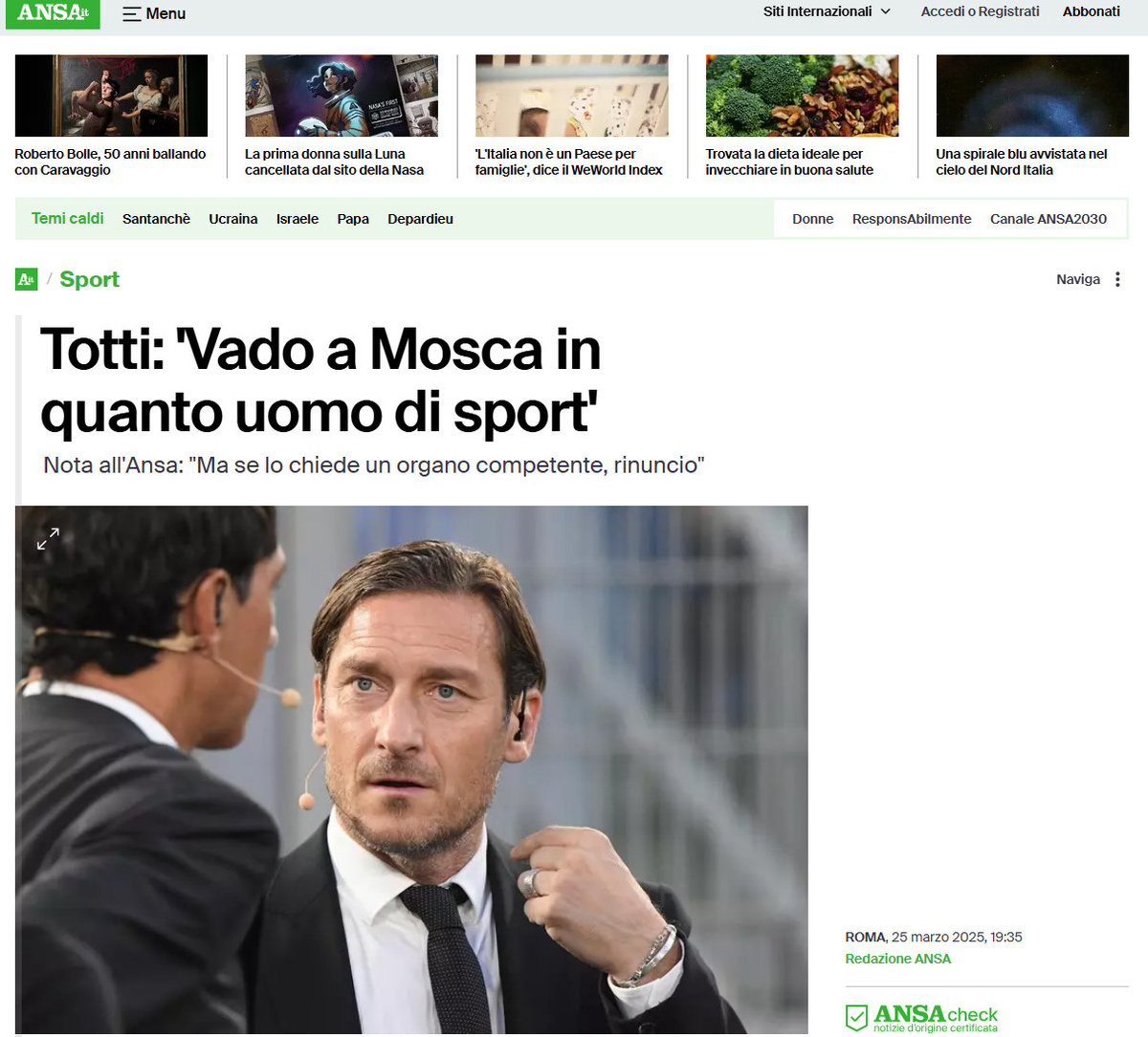    ФОТО: СКРИНШОТ СТРАНИЦЫ САЙТА ANSA.IT