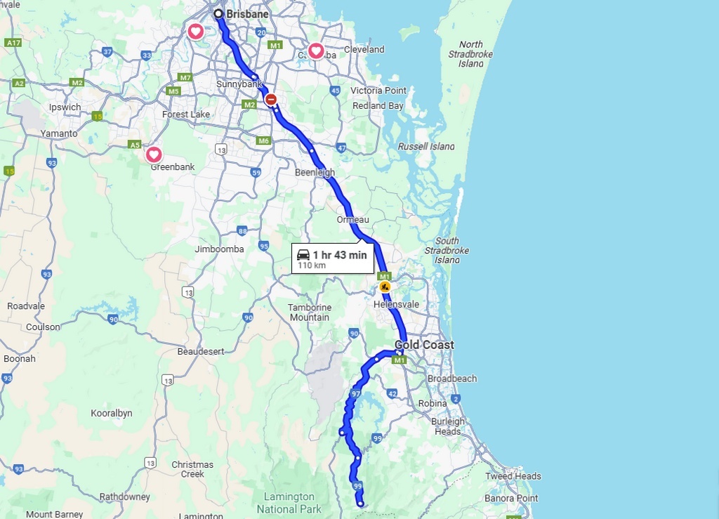 Автомобильный мартшрут из Брисбена до Спринбрука, источник - Гугл-Мэпс