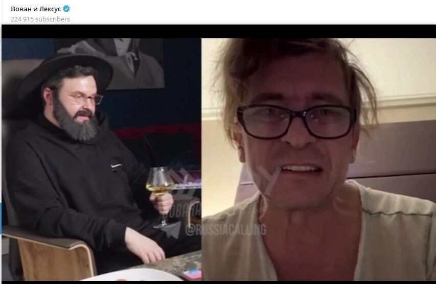    Лёва Би-2* (справа) выпрашивает у "олигарха" деньги на клип с Джудом Лоу. Скриншот: телеграм-канал "Хуже и не скажешь"