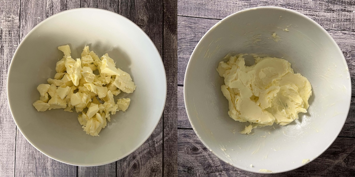 В миске растереть размягченное сливочное масло лопаткой до кремового состояния.
