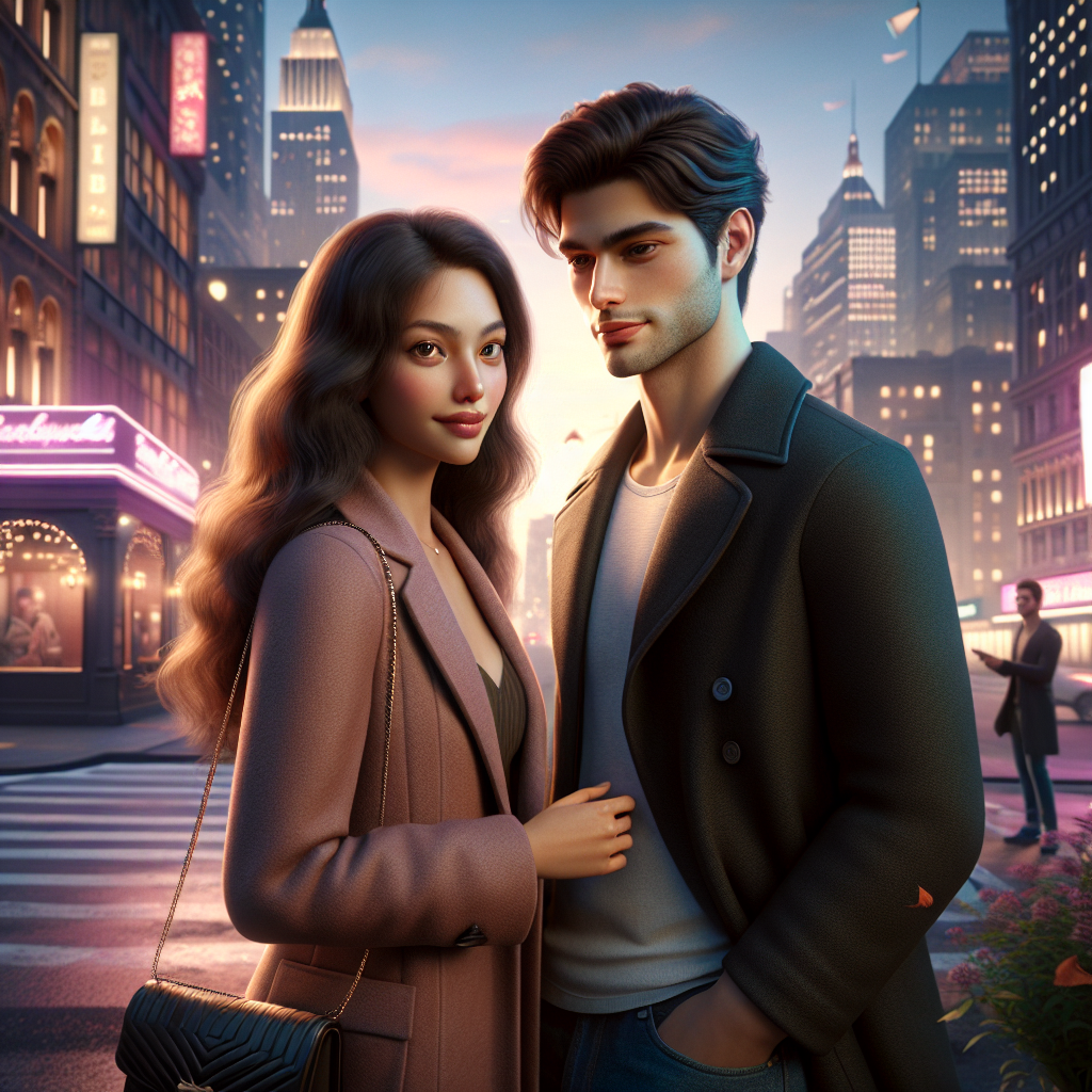 Фотореалистичное изображение пары, идущей по вечернему городу, освещенному неоновыми огнями. Мужчина и женщина смотрят друг на друга с улыбкой. Год — 2023. | Картинка - ИИ-арт © Надежда Иванова.
