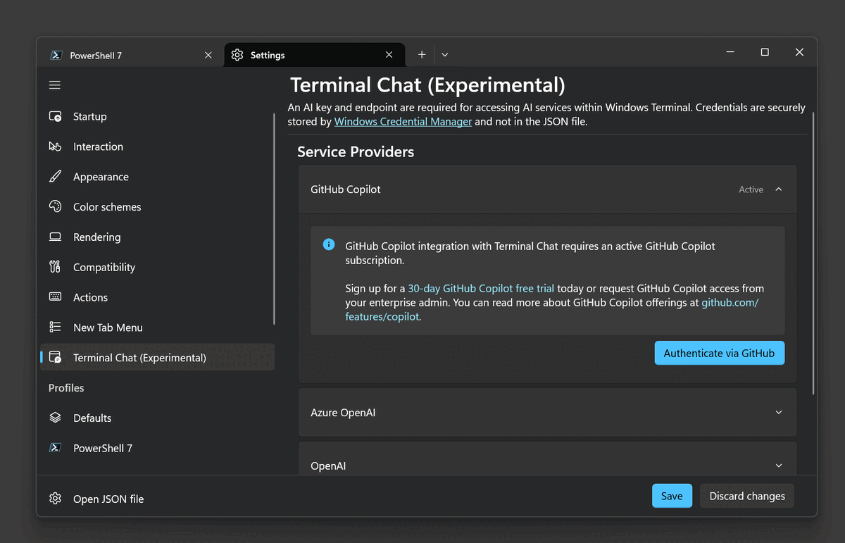 Изображение: Microsoft. Включение доступа к бесплатной версии "GitHub Копилота" в "Терминал Чате" в приложении "Терминал" в настройках приложения.
