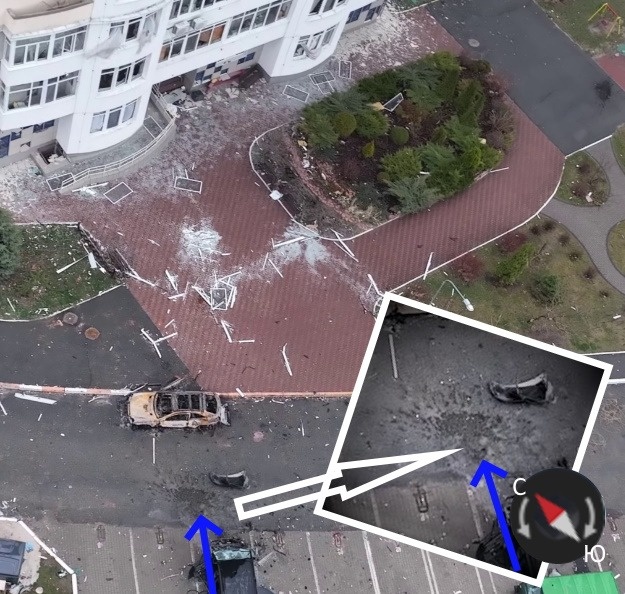 Следы "брызг" осколков мины направлены от места выстрела. Выстрел произведен минометчиком ВСУ с окраины Киева в сторону Ирпеня и Бучи