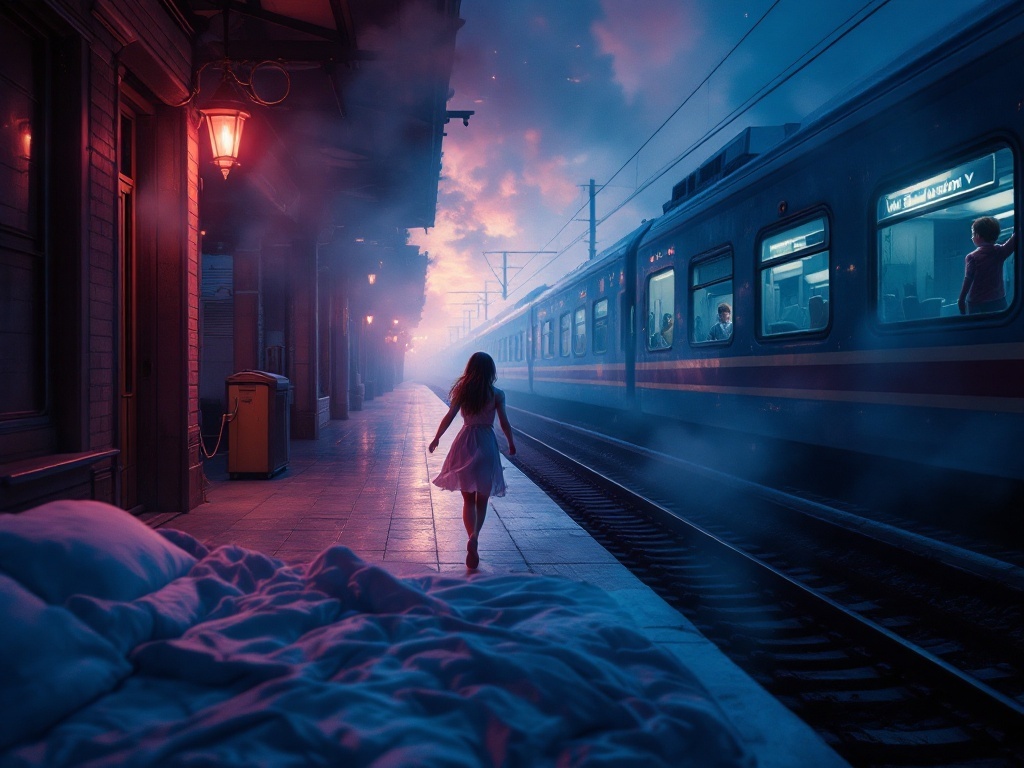    К чему такое снится: На картине изображена железнодорожная платформа. Человек бежит вдоль пути за уходящим поездом, в окнах которого виден мальчик, смотрящий наружу. Вокруг пустая станци