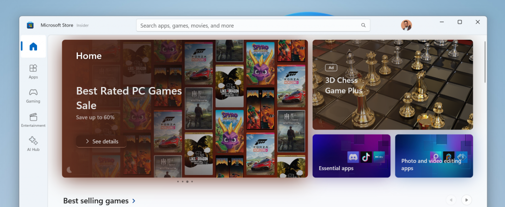 Изображение: Microsoft. Обновлённый дизайн слайдера на главной странице приложения "Магазин Майкрософт" ("Microsoft Store").
