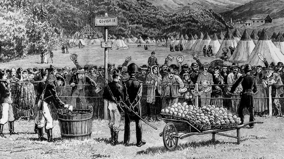Во всем мире понимали, что самым надежным способом борьбы с эпидемиями остаются карантинные мероприятия (на гравюре — карантинный лагерь на франко-итальянской границе. 1884 год).📷Фото: Hulton Archive / Getty Images