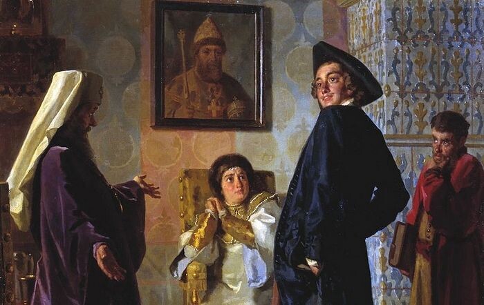 Пётр I в иноземном наряде перед матерью своей царицей Натальей, патриархом Андрианом и учителем Зотовым. Художник: Н.В. Неврев