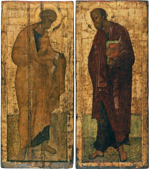 Иконы апостолов Петра и Павла из деисусного чина Троицкого собора Троице-Сергиевой лавры. Преподобный Андрей Рублев