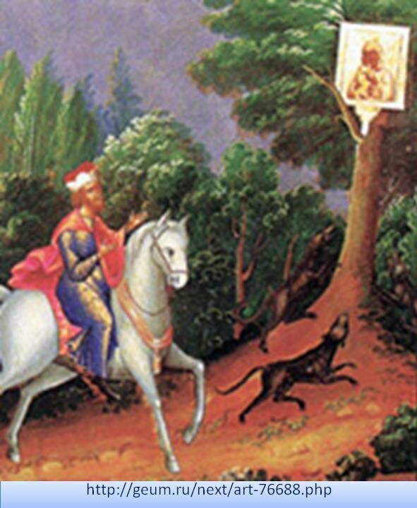 Иконография обретения иконы Божией Матери Феодоровской князем Василием Костромским. 