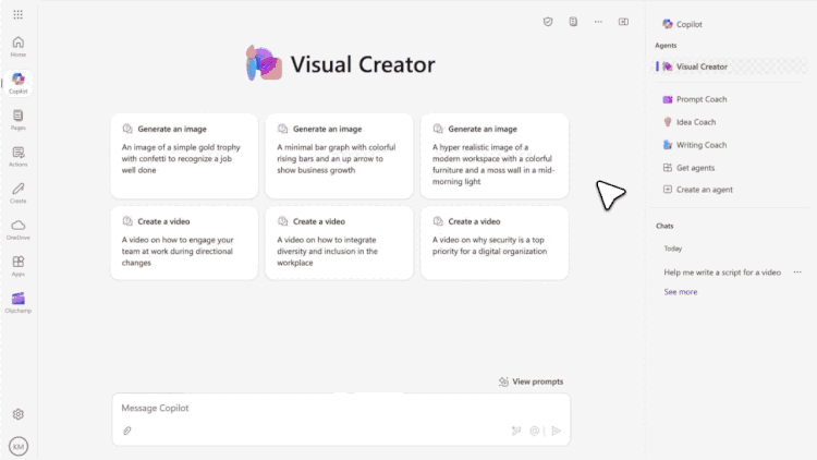 Изображение: Microsoft. Создание видео с использованием умного помощника "Microsoft 365 Копилот" и "умного агента" под названием "Визуальный автор" в приложении/сервисе "Microsoft Clipchamp".