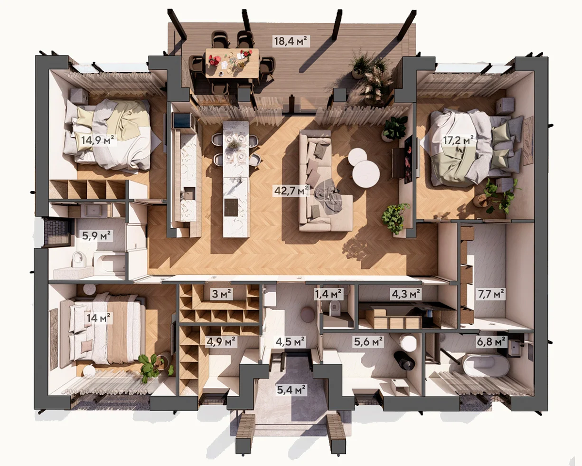 Вариант планировки с 3 спальнями