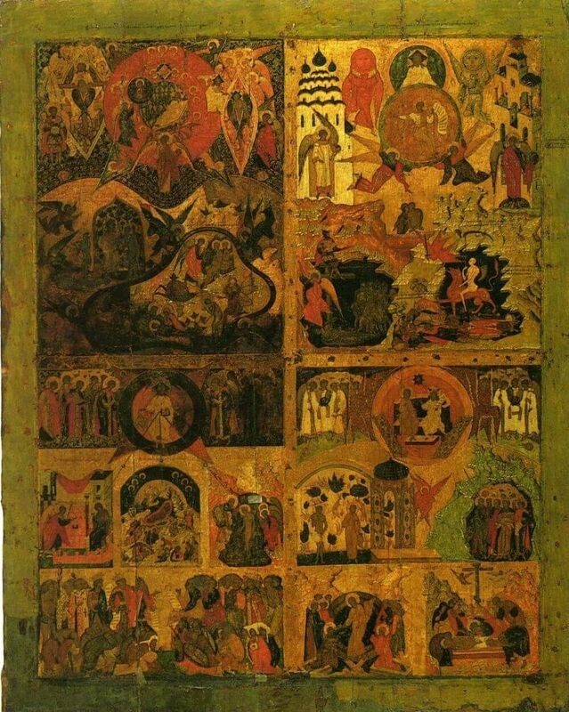 «Четырехчастная икона». Середина XVI в.
190 × 151 см
Благовещенский собор Московского Кремля, Москва, Россия
Инв. Ж-1321; 3059 соб.