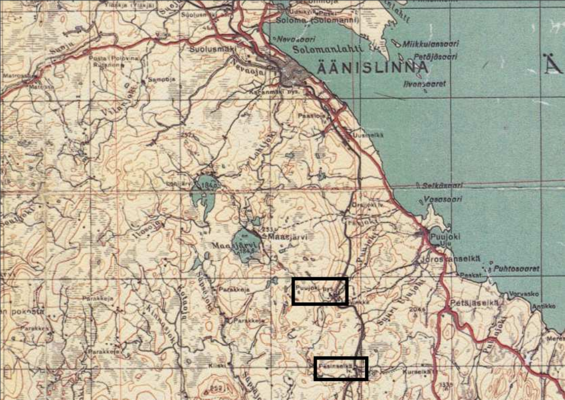    Деревянка (Puujoki) и Пяжиева Сельга (Päsinselkä) на финской карте. Источник: Национальный архив Финляндии.