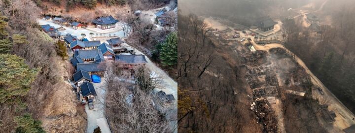    Кунса в Ыйсон-гуне, провинция Северная Кёнсан, до и после лесных пожаров (Yonhap)