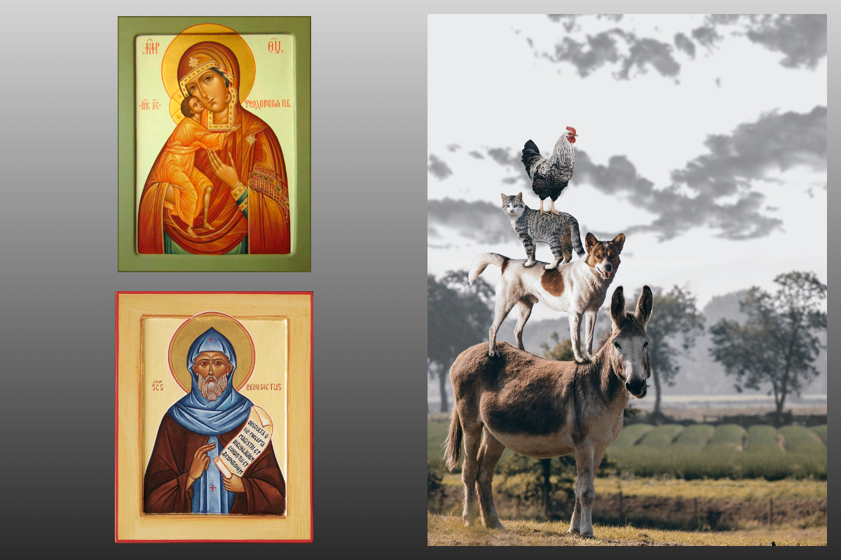 Икона Богородицы Феодоровская, Икона прп.Венедикта Нурсийского/azbuka.ru, Животные/pixabay.com