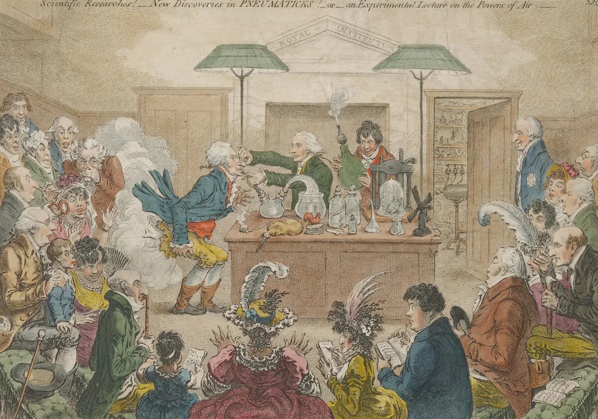 «Научные исследования! Новые открытия в области пневматики! Экспериментальная лекция о силах воздуха, 23 мая 1802 года», Джеймс Гилрей. Институт искусств Миннеаполиса. Общественное достояние.