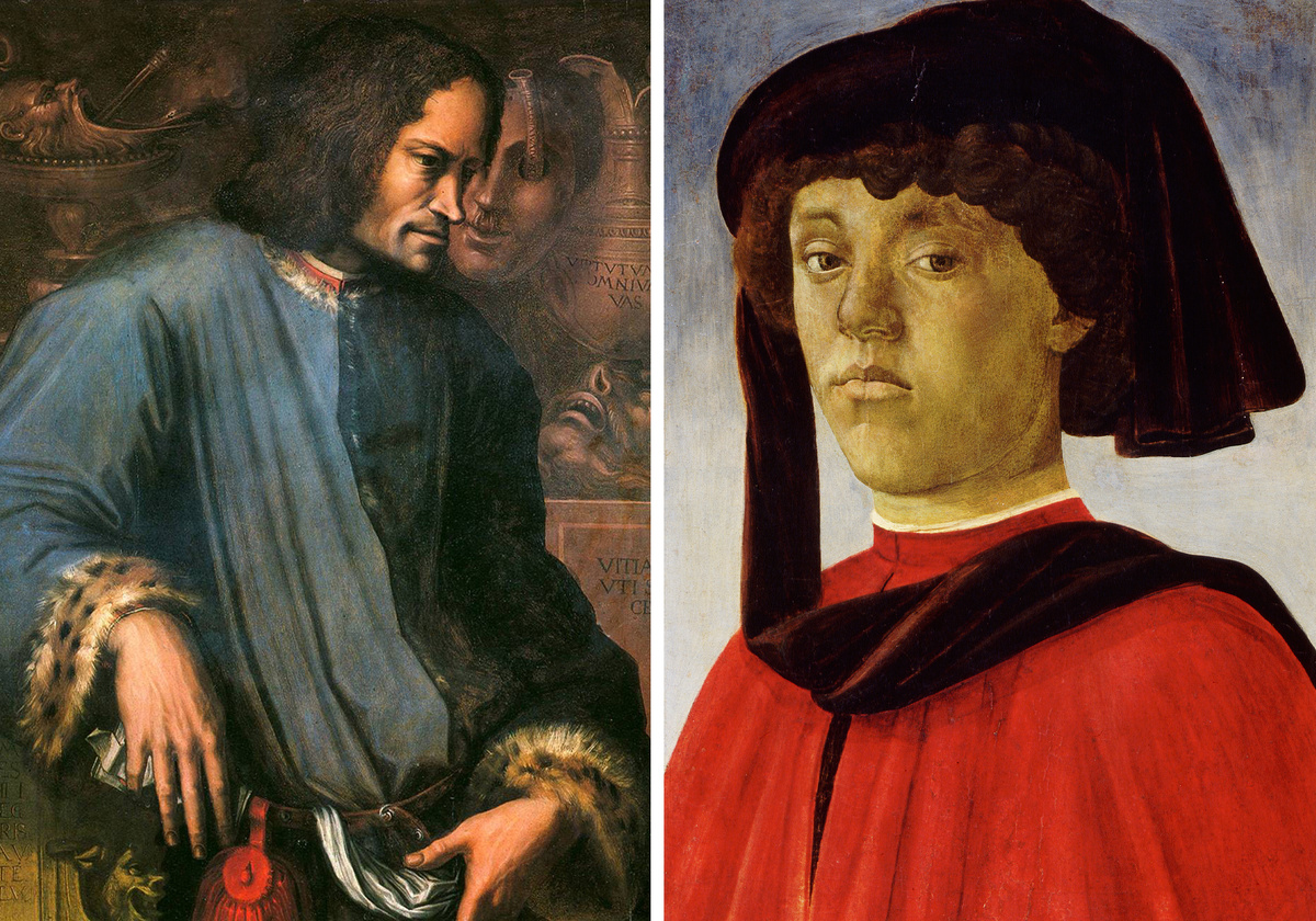 Слева: Джорджо Вазари. Портрет Лоренцо Медичи. Около 1533. Уффици, Флоренция, Италия. Справа: Сандро Боттичелли. Портрет Лоренцо ди Пьерфранческо Медичи. Около 1479. Уффици, Флоренция, Италия.