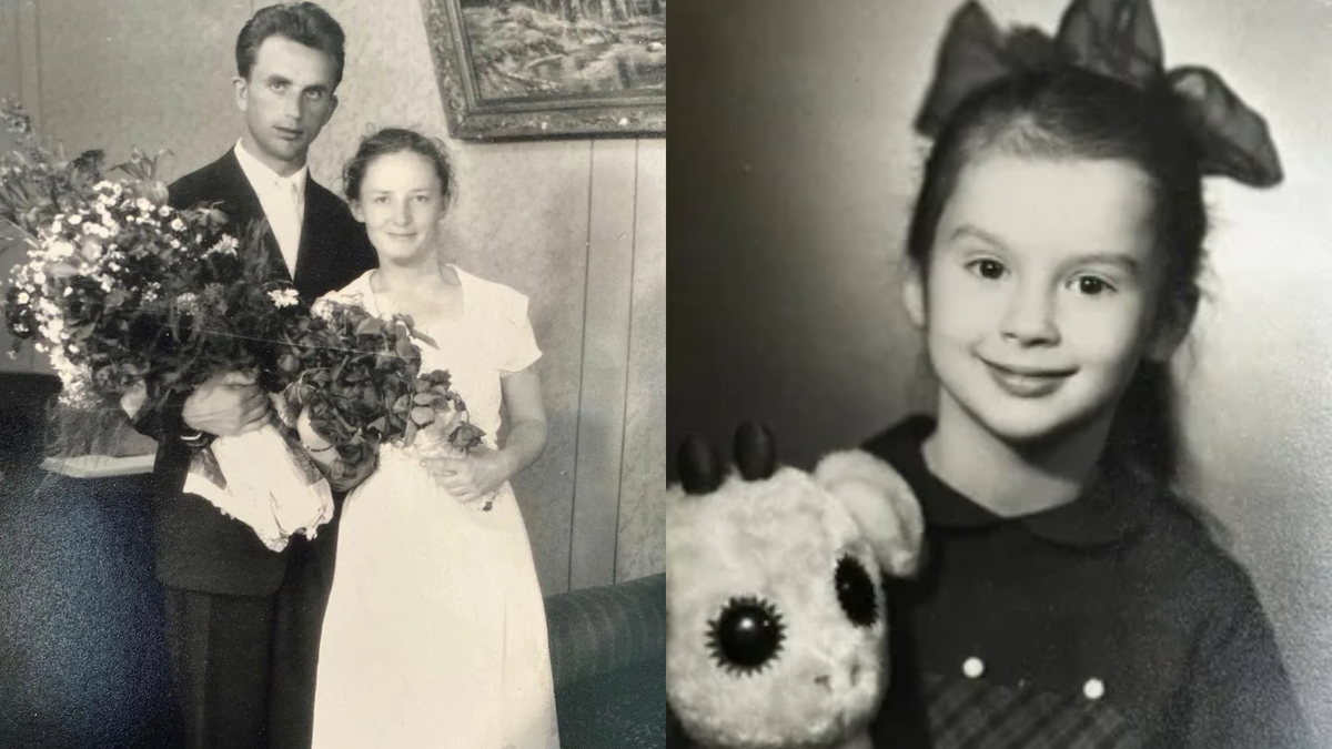 Родители Кати и она в детсве