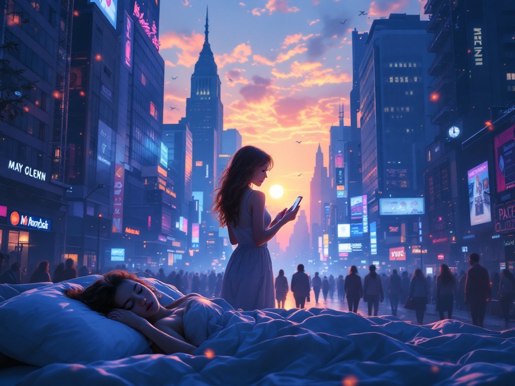    К чему такое снится: На картине изображена женщина в оживленном городе среди крупных зданий при закате. Она держит в руке сломанный телефон и взгляд на вытянутую ладошь прохожего, которы