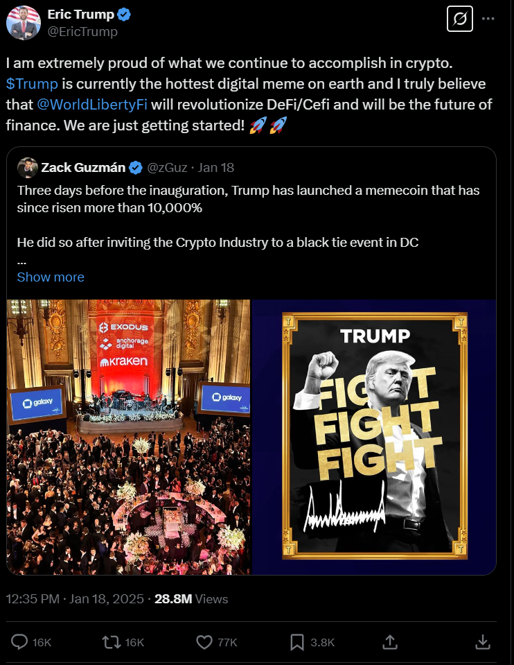 Эрик Трамп продвигает мемкойн отца перед инаугурацией. Источник: Eric Trump