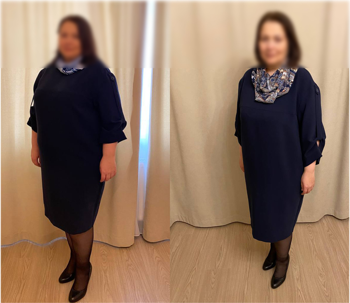 Примерка платья-маркера первой и четвертой недели - уменьшение веса со 107кг до 99кг. Было тесное, стало как раз. Маркерный наряд заменили на новый