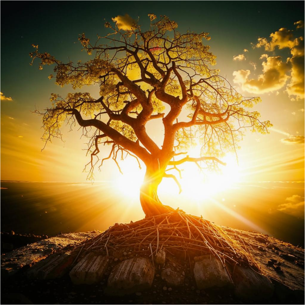 Иссушенная смоковница, бесплодное дерево на фоне яркого солнца, символика духовной пустоты и отсутствия добрых дел