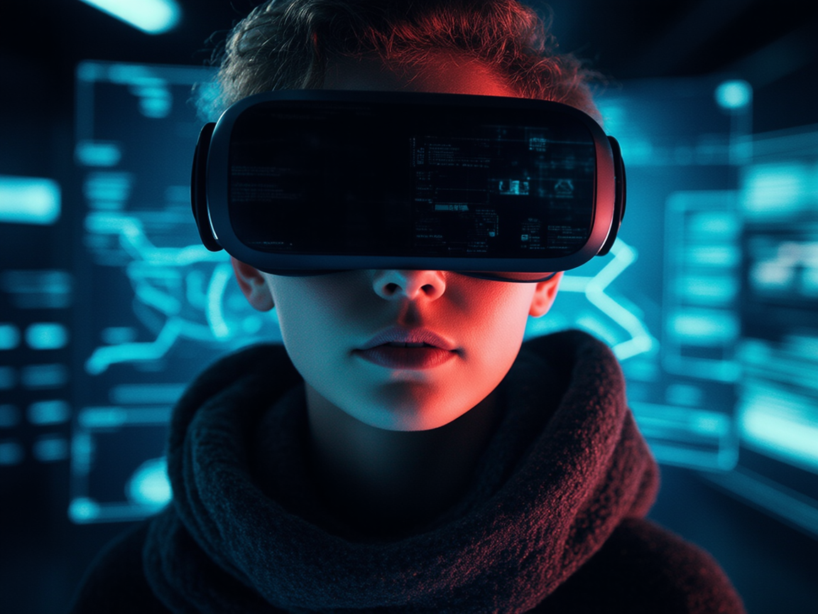 Человек в AR-очках, окружённый цифровыми голограммами