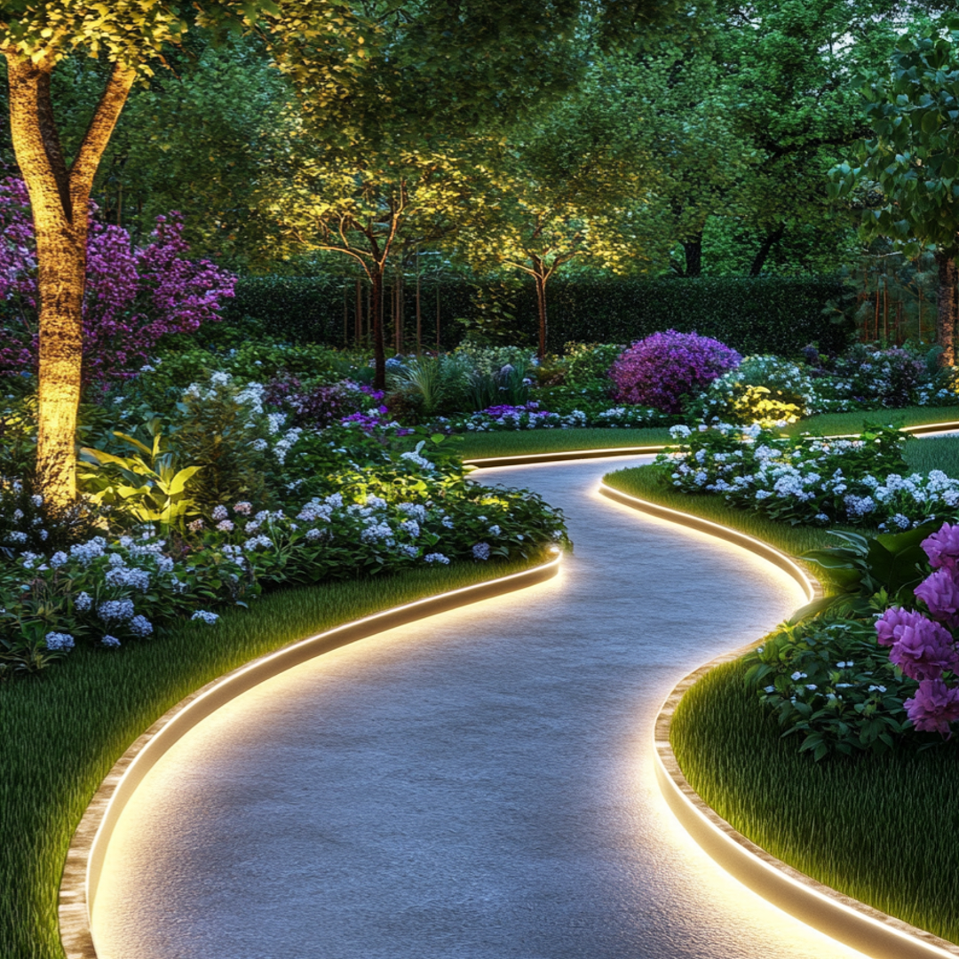 Извилистая садовая дорожка с подсветкой.