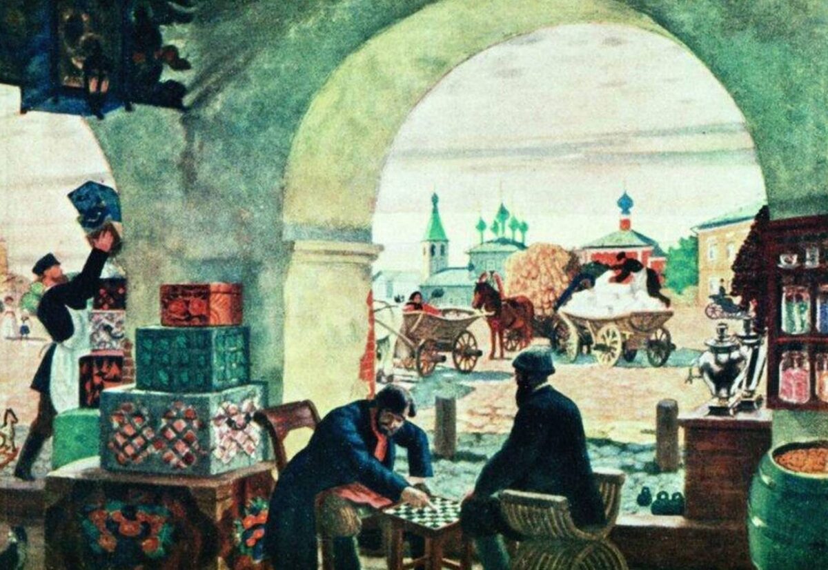 Борис Михайлович Кустодиев, «Гостиный двор» («В торговых рядах»), 1916 год. Из собрания Государственного Русского музея