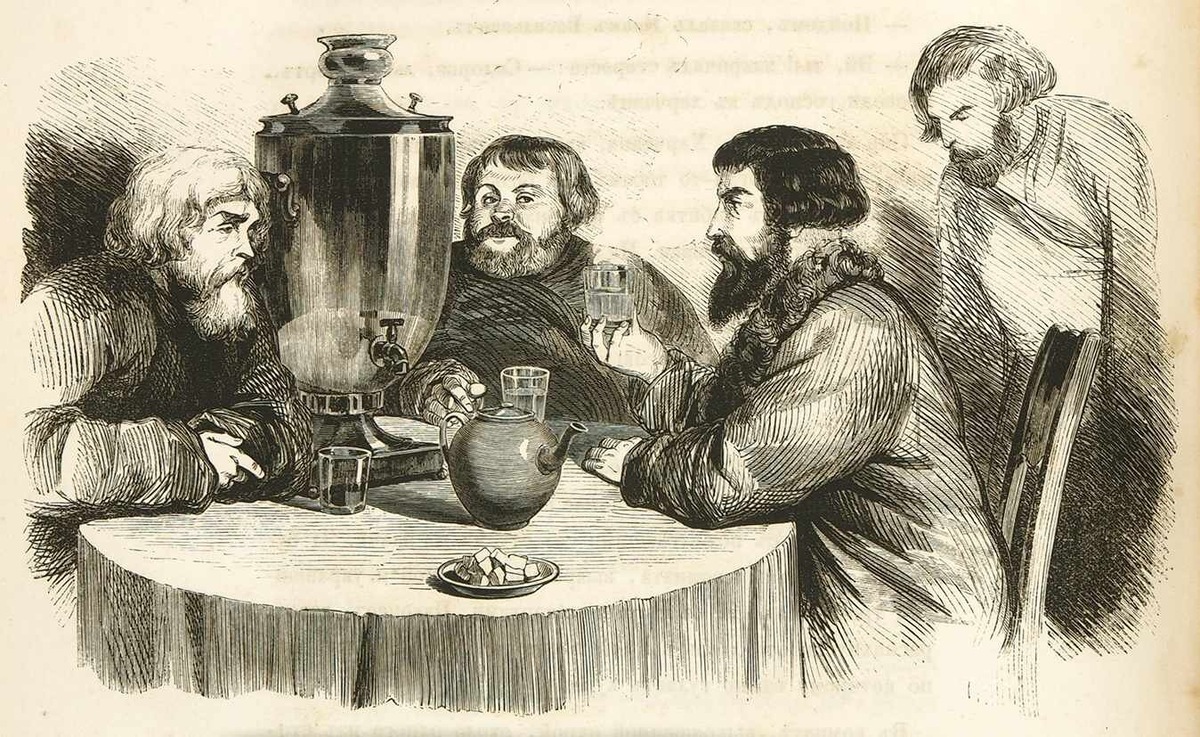 Практически «ровесница» путешествию Перцовой – изданная в 1845 году повесть В. А. Соллогуба «Тарантас». На рисунке князя Г. Г. Гагарина изображен один из ее эпизодов – купцы, пьющие чай на постоялом дворе