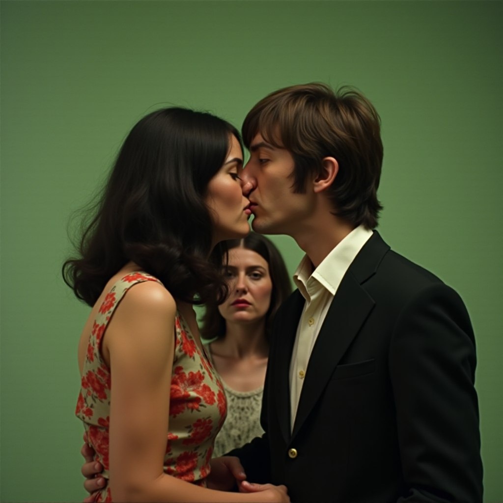 Сгенерировано ИИ. Это типа Пол и Йоко, а сзади недовольная переплетёнными носами Линда!)