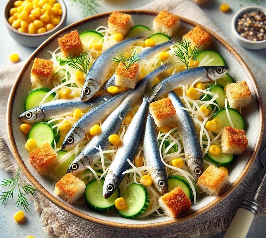 Шпротный салат с сухариками 
