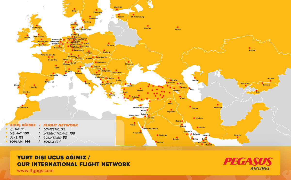 Карта международных полетов Pegasus Airlines