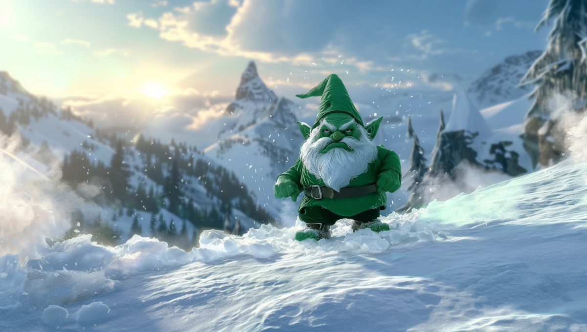 Символическое изображение: Зеленый гном раздражен количеством снега.