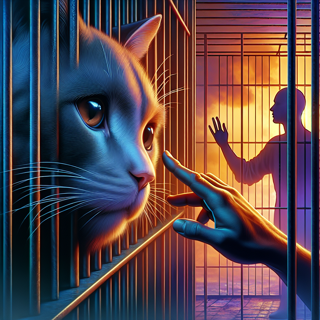 Тревожный взгляд кота через прутья клетки, в глазах надежда и грусть. | Картинка - ИИ-арт © Надежда Иванова. 
