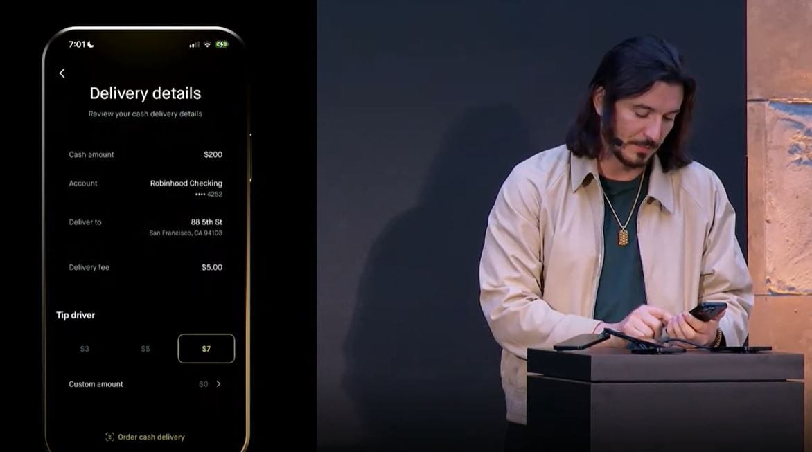 Концепция Robinhood для планируемой услуги доставки наличных. Источник: Robinhood