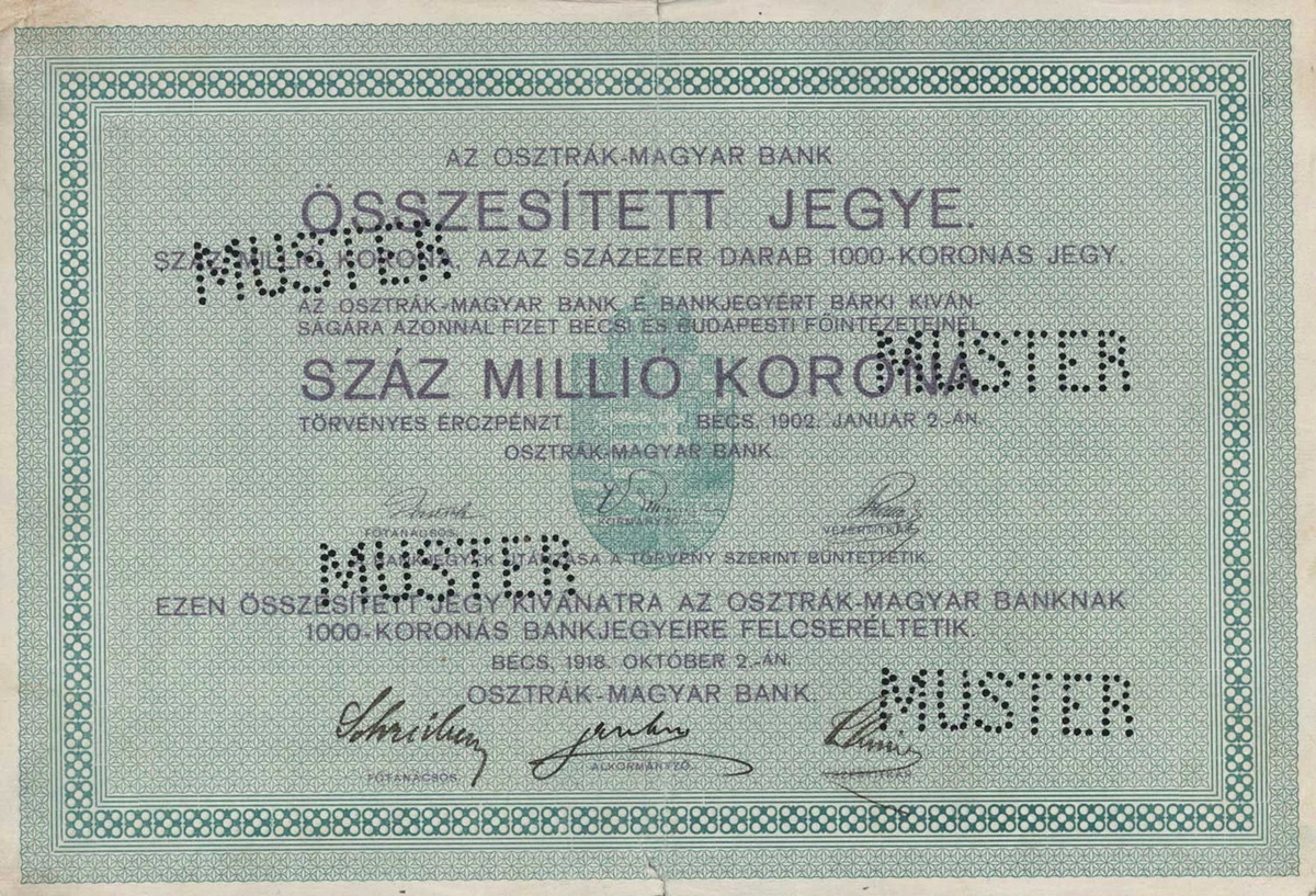 Австро-Венгрия: образец накопительной банкноты Австро-венгерского банка на сумму 100 миллионов крон от 3 октября 1918 года. без контрольного номера, с четырёхкратной перфорацией "MUSTER", оборотная сторона на венгерском языке