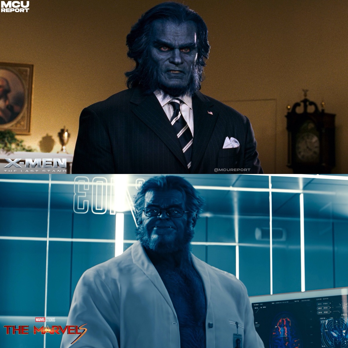 Келси Грэммер в роли Зверя в фильмах «Люди Икс: Последняя битва» (вверху) и «Капитан Марвел 2» (внизу). Источник изображения: X-аккаунт MCU Report