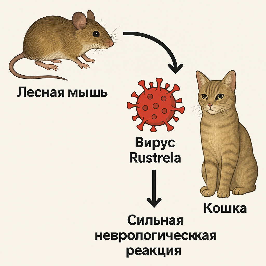 Путь заражения вирусом Rustrela от лесной мыши к кошке