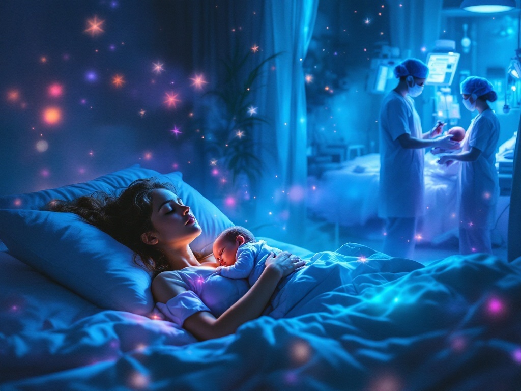    К чему такое снится: На картине изображена женщина в больничной палате, которая кормит новорожденную дочь. Вокруг неё двое медработников пытаются взять анализ крови из её руки, показывая