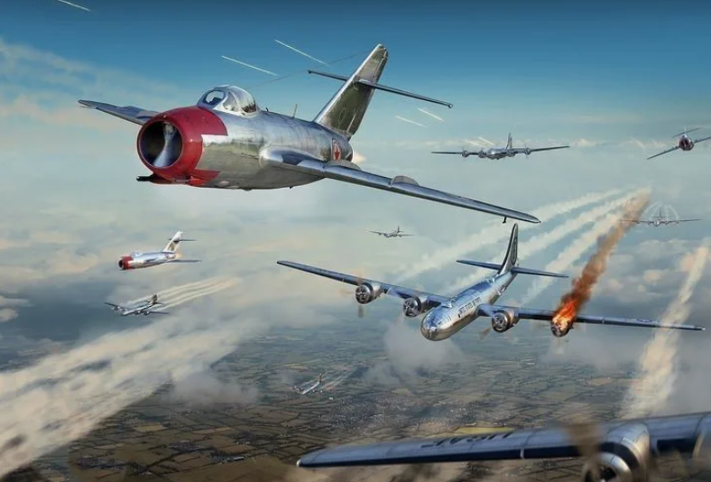 В США любят сводить воздушные бои в Корее к противостоянию МиГов и Сейбров. Но главной целью советских машин были именно ударные самолёты. Особенно тяжелые бомбардировщики. Что они блестяще продемонстрировали в "Чёрный четверг". Рисунок Флаинг Ревю