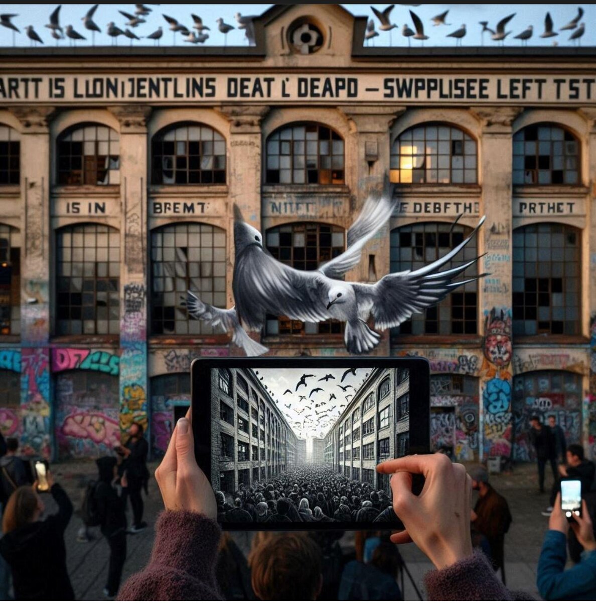  Вечерний город как в гигантская арт-инсталляция. Картина сгенерирована  ИИ.