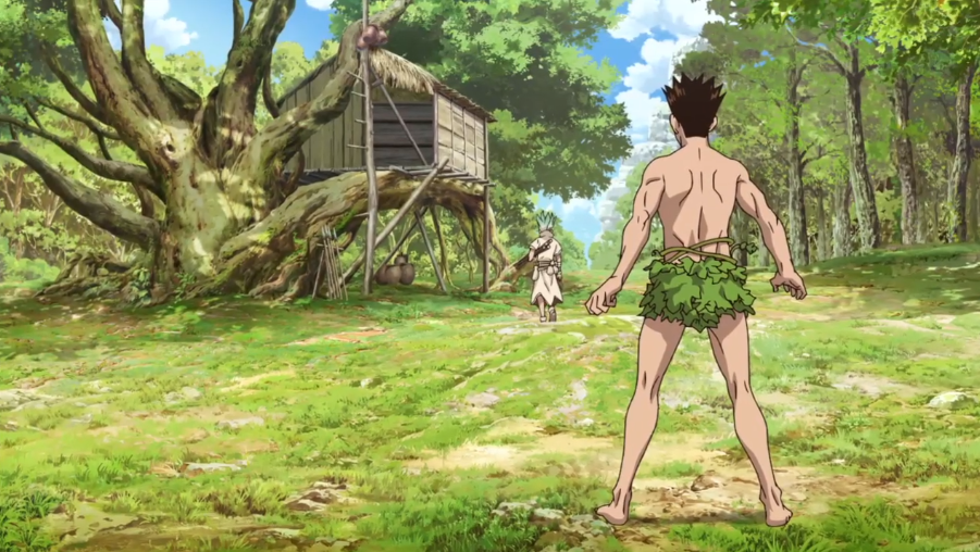 Кадр из аниме "Доктор Стоун". Тайдзю и Сэнку в их лагере