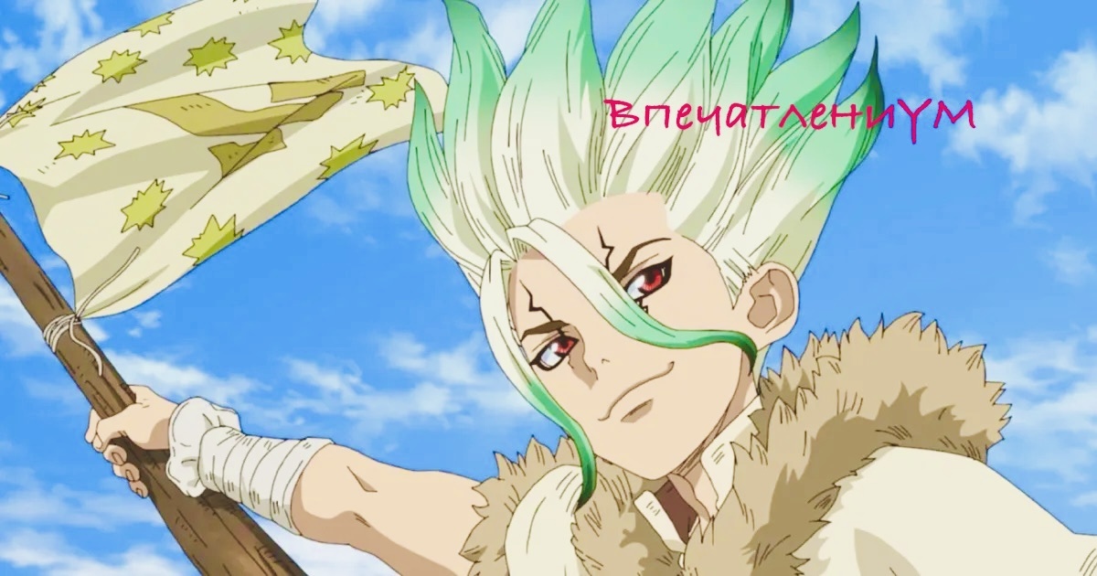 Кадр из аниме. Сэнку Исигами и флаг «Царства науки»