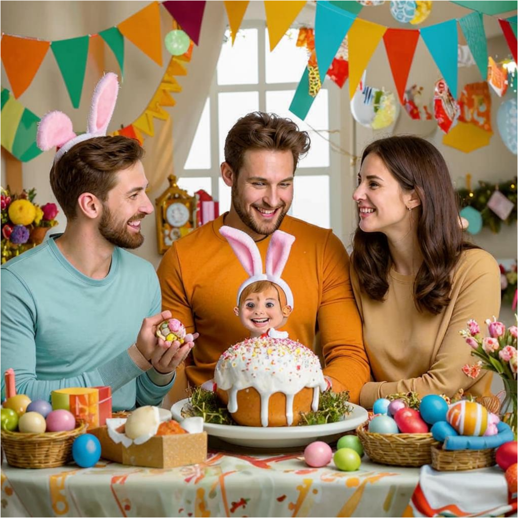 Радостный праздник для всей семьи а малыш нарядился зайчиком и выглядывает за куличом с улыбкой на лице.