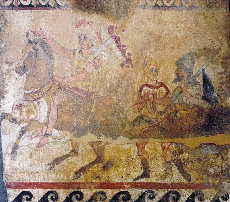 Самнитские или луканские воины возвращаются из похода с добычей и пленным. Фреска из гробницы. Южная Италия, IV век до н.э. portalclasico.com