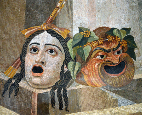 Рис. 1. Античные театральные маски. Римская мозаика. II век н.э. Термы Диоклетиана. Рим. Древние греки называли их «просопон» («πρόσωπα»), а римляне – «personis»